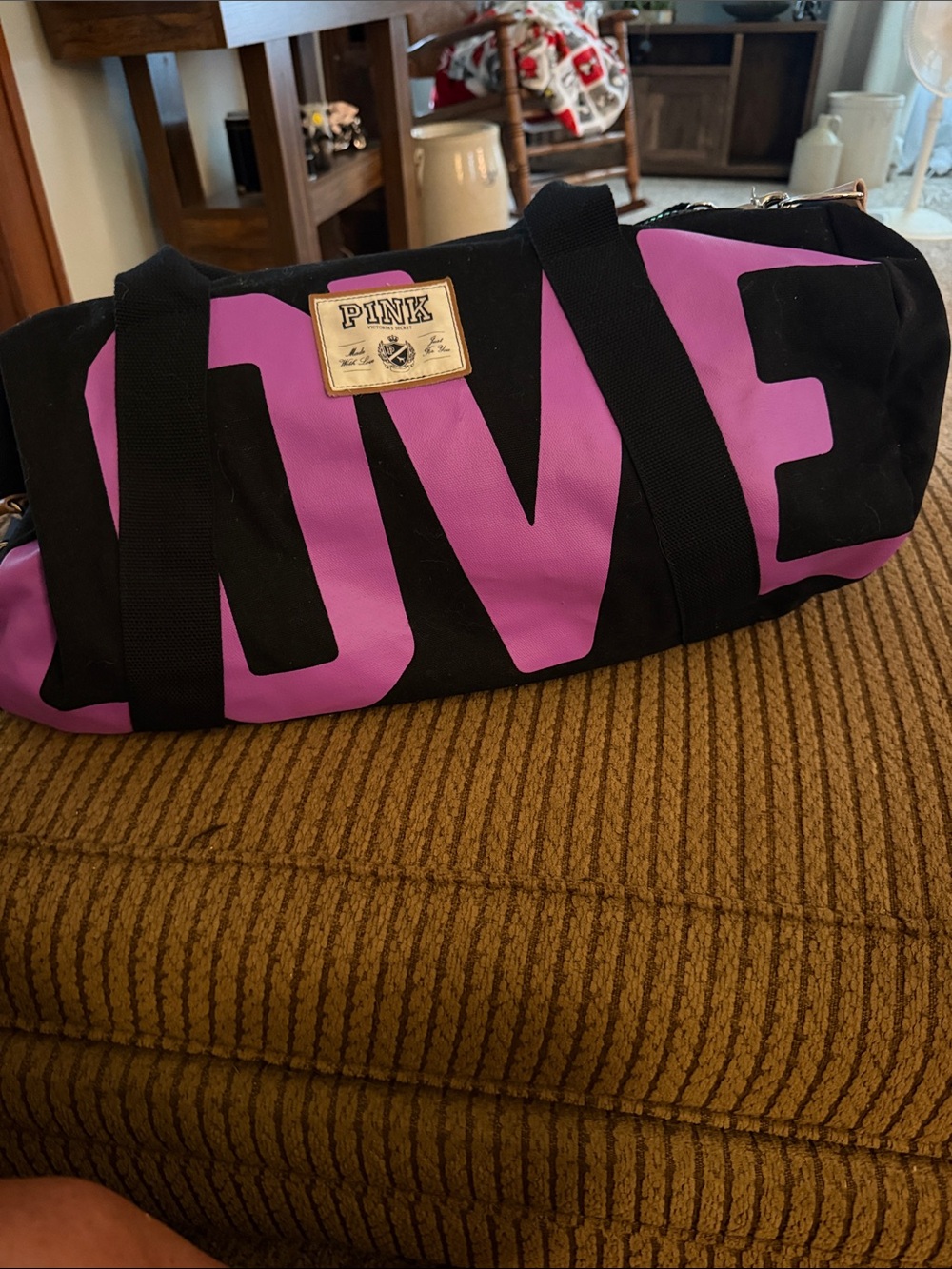 PINK Victoria's Secret Black Duffle with Bold Purple 'PINK' Print